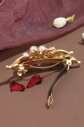 Floral Design Gold-Plated Hair Clip with Pearl Studs