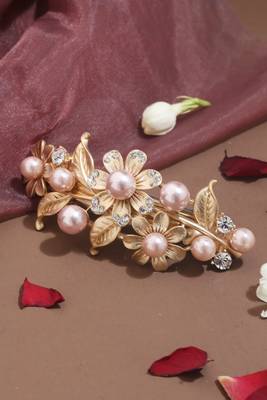 Floral Design Gold-Plated Hair Clip with Pearl Studs 1