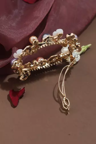 Multicolor Pearl Studded Round-Shaped Gold-Plated Hair Clip