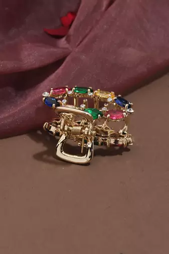 Rose Gold Plated Hair Clutcher with Multi-colour American Stones