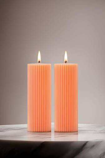 Atorakushon long soy wax pillar candle set of 2 pcs ribbed scente sparkle pillar candle (peach)