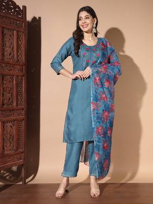 Denim blue cotton floral print salwar suit with dupatta 1