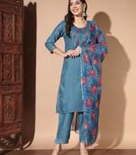 Denim blue cotton floral print salwar suit with dupatta