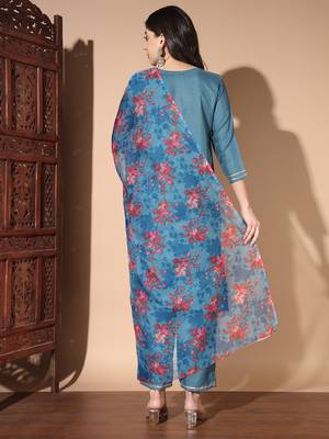 Denim blue cotton floral print salwar suit with dupatta 2