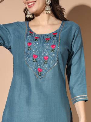 Denim blue cotton floral print salwar suit with dupatta 3