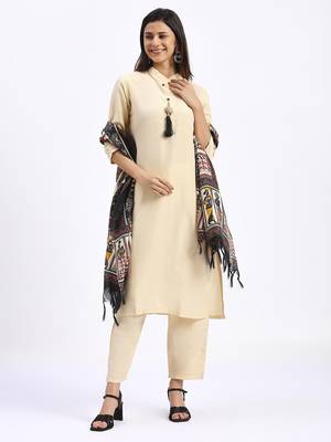 Cream cotton print salwar suit with dupatta 1