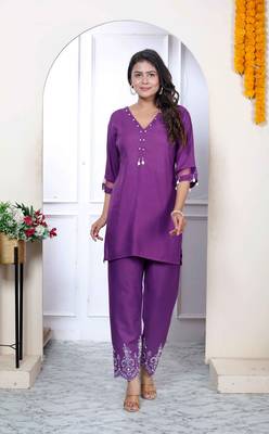 Womens purple solid rayon straight co-ord set 1