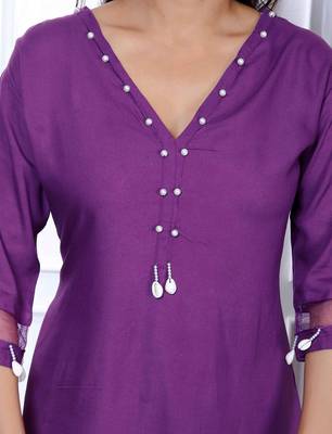 Womens purple solid rayon straight co-ord set 3