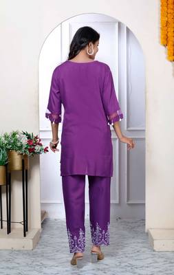 Womens purple solid rayon straight co-ord set 4