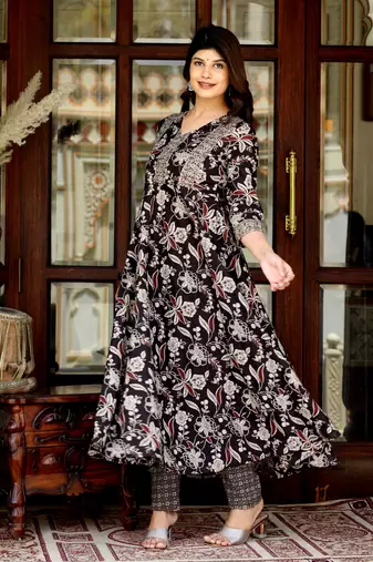 Women's yoke embroidery multi color anarkali kurta and palazzo set