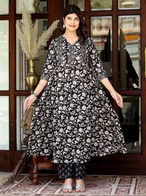 Women's black cotton anarkali kurta embroidered neck with palazzo 1