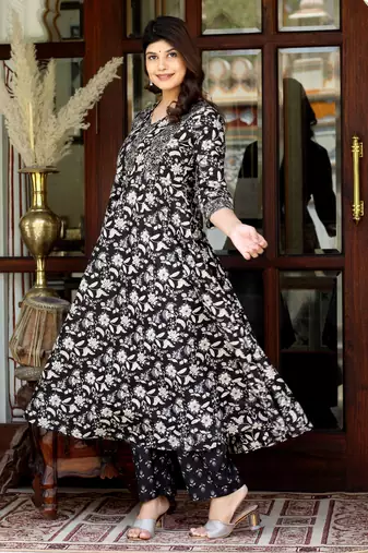 Women's black cotton anarkali kurta embroidered neck with palazzo