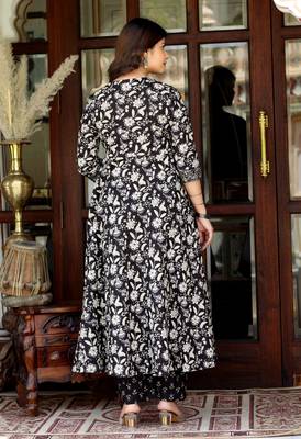 Women's black cotton anarkali kurta embroidered neck with palazzo 3