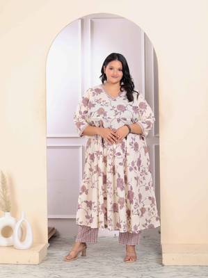 Womens plus size pink floral printed v neck anarkali kurta and palazzo set 1