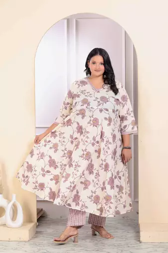 Womens plus size pink floral printed v neck anarkali kurta and palazzo set