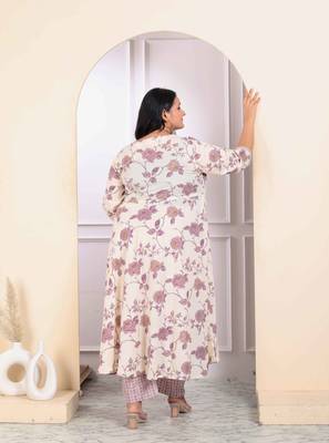 Womens plus size pink floral printed v neck anarkali kurta and palazzo set 4