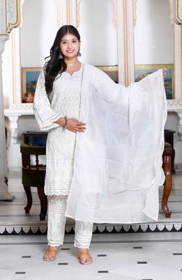 Womens chikankari cream straight kurta palazzo with dupatta set 1