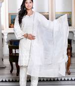 Womens chikankari cream straight kurta palazzo with dupatta set
