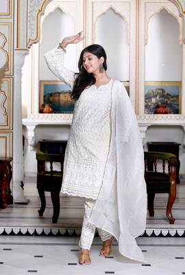 Womens chikankari cream straight kurta palazzo with dupatta set 2