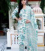 Womens light green scenic birds and leaf straight pakistani style suit set
