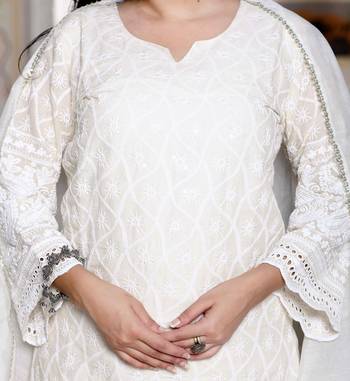 Womens chikankari cream straight kurta palazzo with dupatta set 3
