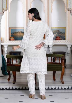 Womens chikankari cream straight kurta palazzo with dupatta set 4