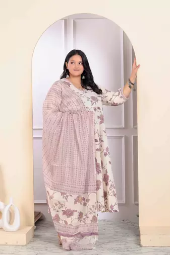 Womens plus size floral pink anarkali kurta with palazzo and dupatta set