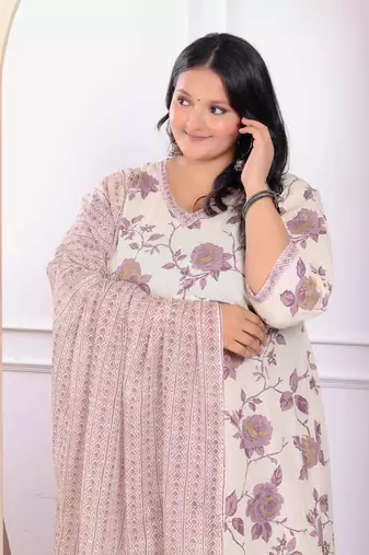 Womens plus size floral pink anarkali kurta with palazzo and dupatta set