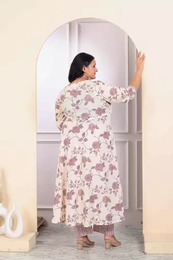 Womens plus size floral pink anarkali kurta with palazzo and dupatta set