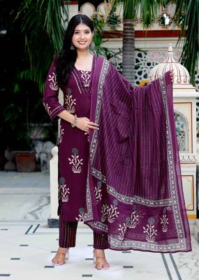 Womens cotton fabric purple kurta with palazzo and dupatta 1