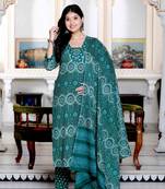 Womens cotton green floral printed straight pakistani style suit set