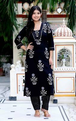 Womens cotton gota patti black floral printed straight kurta palazzo set 1