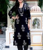 Womens cotton gota patti black floral printed straight kurta palazzo set