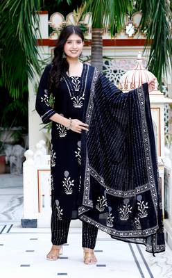 Womens cotton gota patti black floral printed straight kurta palazzo with dupatta set 1
