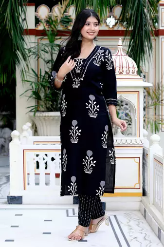 Womens cotton gota patti black floral printed straight kurta palazzo set