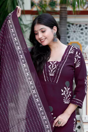 Womens cotton fabric purple kurta with palazzo and dupatta