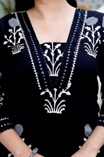 Womens cotton gota patti black floral printed straight kurta palazzo set