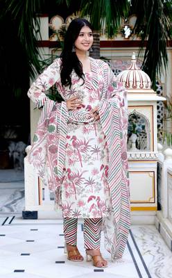 Womens cotton light pink scenic birds and leaf straight pakistani style suit set 2