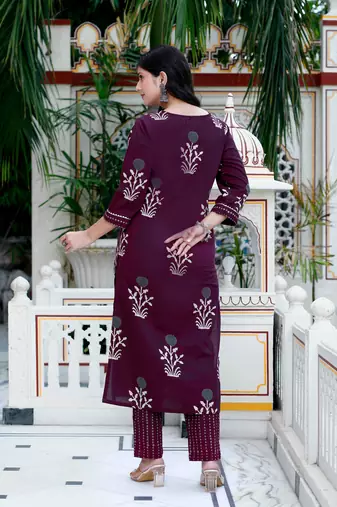 Womens cotton fabric purple kurta with palazzo and dupatta