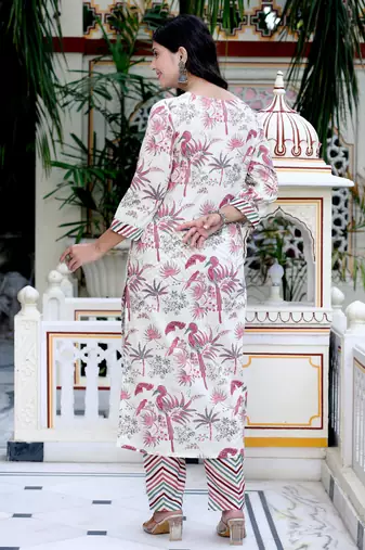 Womens cotton light pink scenic birds and leaf straight pakistani style suit set
