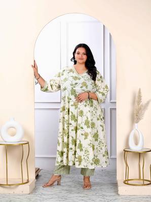 Womens plus size cotton floral print green anarkali kurta and palazzo set 1