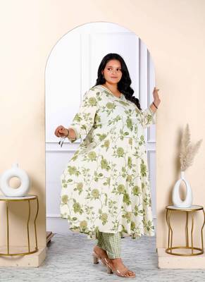 Womens plus size cotton floral print green anarkali kurta and palazzo set 2