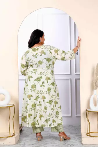 Womens plus size cotton floral print green anarkali kurta and palazzo set