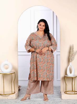 Womens plus size brown floral printed kurta with palazzo 1