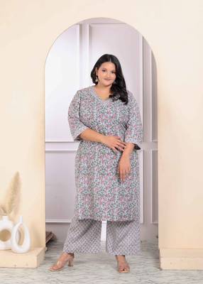 Womens plus size blue cotton office wear floral printed kurta palazzo set  1