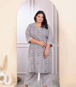 Womens plus size blue cotton office wear floral printed kurta palazzo set 