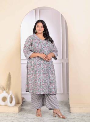 Womens plus size blue cotton office wear floral printed kurta palazzo set  2