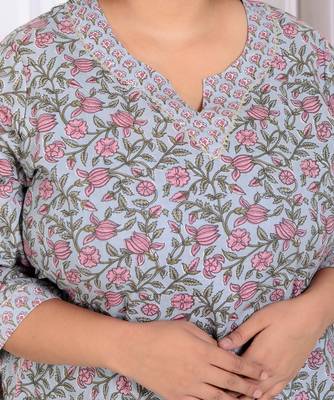 Womens plus size blue cotton office wear floral printed kurta palazzo set  3