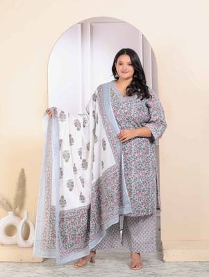 Womens plus size cotton traditional straight kurta with palazzo and dupatta set 1