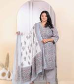 Womens plus size cotton traditional straight kurta with palazzo and dupatta set
